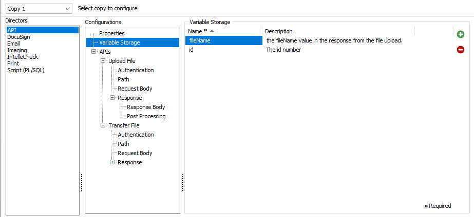 The Variable Storage screen. Here, the fileName and id variables have been added, along with descriptions.